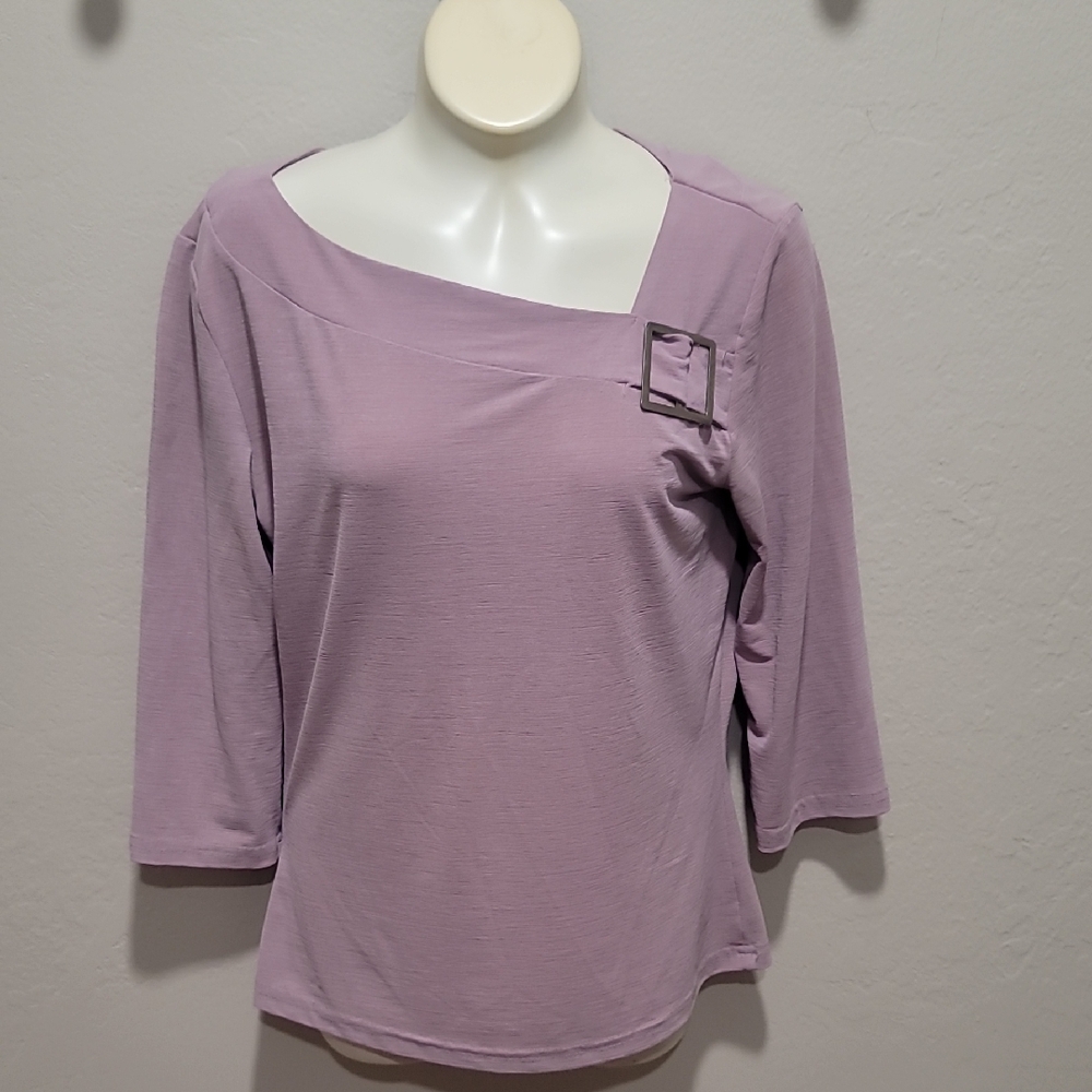 A. Byer Purple Asymmetrical Neck Blouse with 3/4 Sleeves